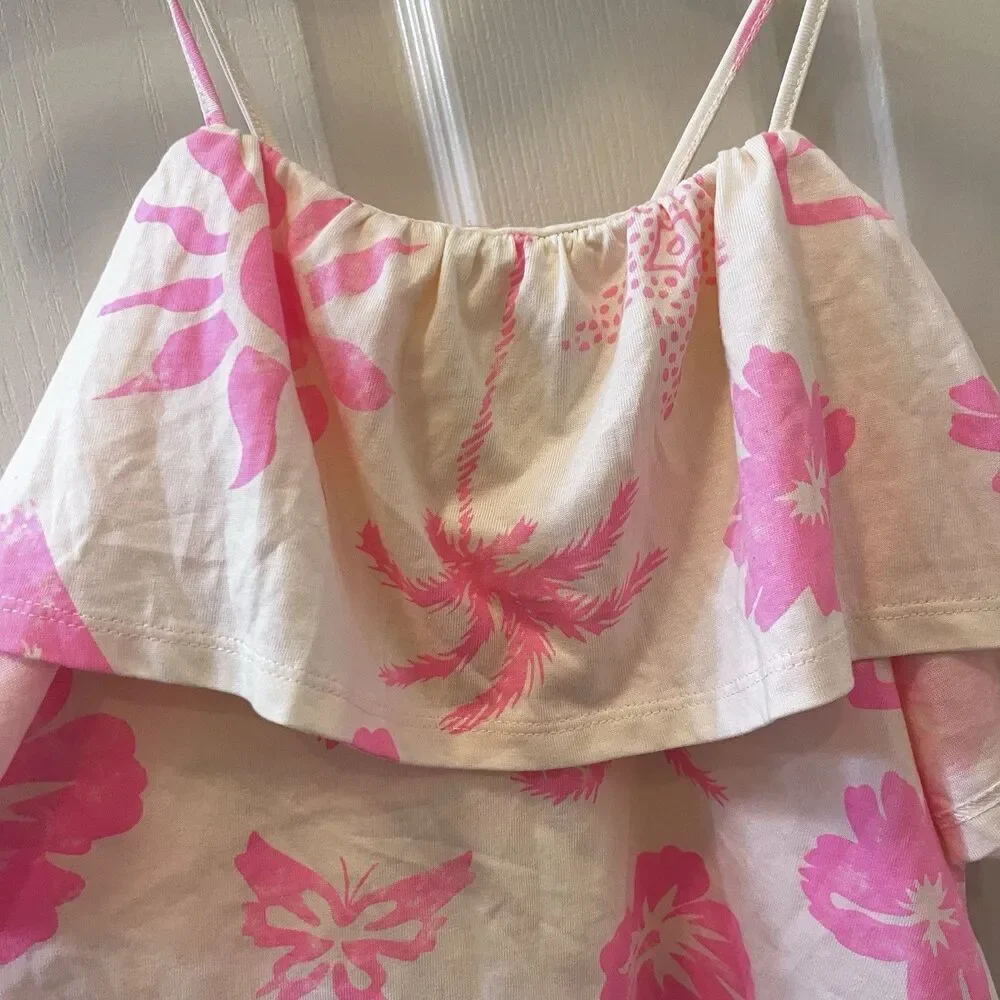 Zara Girls Pink Tropical Ruffle Crop Tank Floral Hawaiian Palm Trees SZ 8-9 NWT